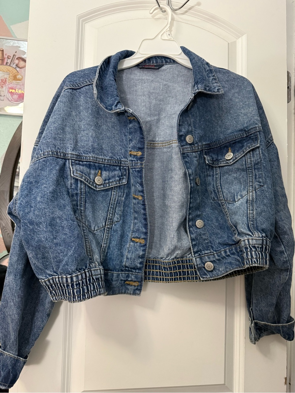 Cropped Denim Jacket with Elastic Hem - Blue